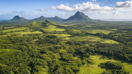 A breathtaking aerial view of lush green landscapes featuring majestic mountain peaks under a clear blue sky, showcasing the beauty of nature.の素材