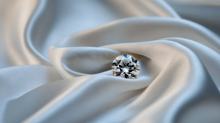 A stunning diamond rests gracefully on soft satin fabric, showcasing its brilliance and elegance. Perfect for luxury and fashion-themed designs.の素材
