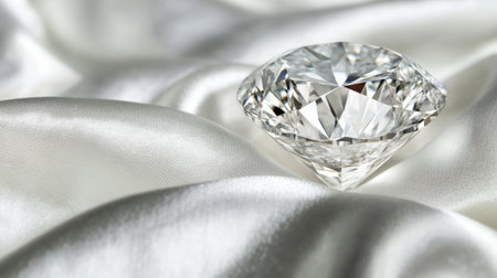 A beautiful diamond rests gracefully on a soft satin fabric, showcasing its brilliance and clarity. This image captures luxury and elegance, perfect for various design needs.の素材