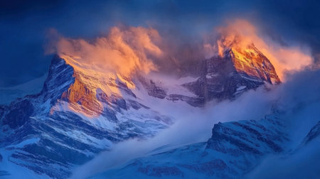 A stunning view of majestic mountain peaks illuminated by the warm light of sunset, surrounded by dramatic clouds and snowy terrain, showcasing nature's beauty.の素材