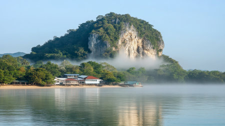 Experience the tranquility of a misty morning at a serene lake, surrounded by lush trees and majestic mountains. A perfect nature escape.の素材