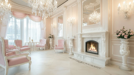 A stunning interior view of an elegant pink lounge featuring crystal chandeliers and a cozy fireplace, perfect for luxury home decor inspiration.の素材