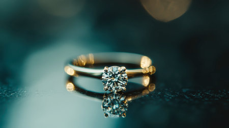A stunning diamond ring features a brilliant cut gemstone set in a delicate gold band, beautifully reflecting light on a glossy surface, perfect for jewelry lovers.の素材