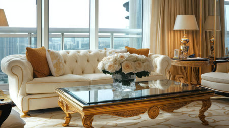 A sophisticated living room featuring a plush white sofa, a chic glass coffee table, and an elegant floral arrangement, perfect for a modern home.の素材