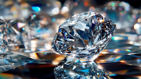 A stunning diamond glistens beautifully on a reflective surface, showcasing its intricate facets and the interplay of light and color. Perfect for themes of luxury and elegance.の素材