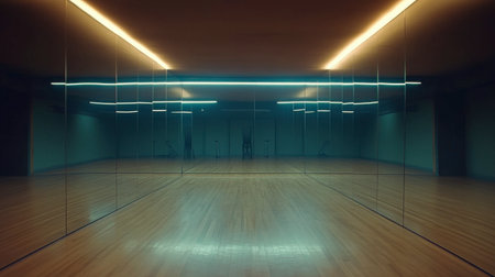 A spacious modern dance studio featuring polished wooden floors and large mirrors, illuminated by sleek neon lighting, ideal for practice and performance.の素材