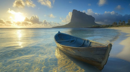 A tranquil beach scene featuring a traditional wooden boat at sunset. The calm waters reflect the stunning colors of the sky, creating a picturesque landscape.の素材