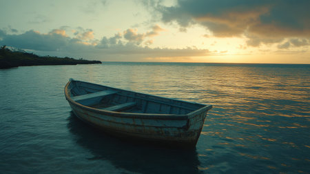 A tranquil scene featuring a rustic boat floating on calm water during sunset. The colorful sky and gentle waves create a serene atmosphere perfect for relaxation.の素材