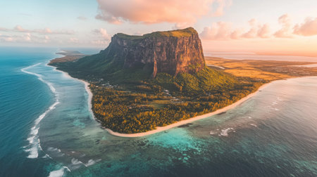 Experience the breathtaking beauty of a scenic island landscape with dramatic cliffs, clear waters, and a vibrant sunset. Perfect for travel themes.の素材