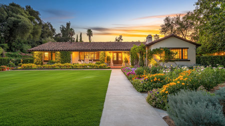 A charming house surrounded by a lush garden showcases vibrant flowers and a manicured lawn, creating an inviting atmosphere during sunset.の素材