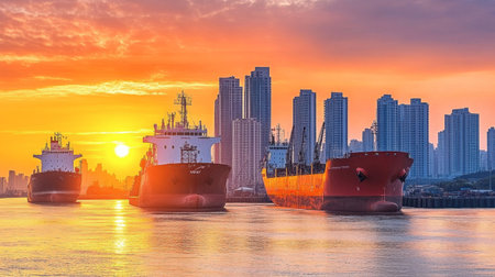 A scenic view of ships silhouetted against a vibrant sunset, with a city skyline reflected in the water, creating a tranquil maritime atmosphere.の素材