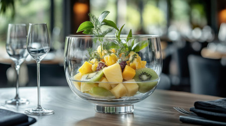 A beautifully arranged fruit salad featuring fresh mango, kiwi, and melon in a glass bowl, perfect for enhancing any dining experience with vibrant colors and delightful flavors.の素材