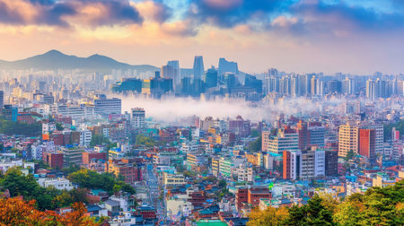 Breathtaking view of a vibrant cityscape showcasing urban architecture and hills at sunrise, enveloped in mist and clouds, highlighting tranquility.の素材