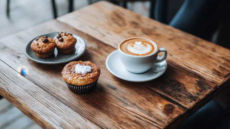Enjoy a delightful scene featuring freshly brewed coffee paired with scrumptious baked goods on a rustic wooden table, perfect for a cozy breakfast.の素材