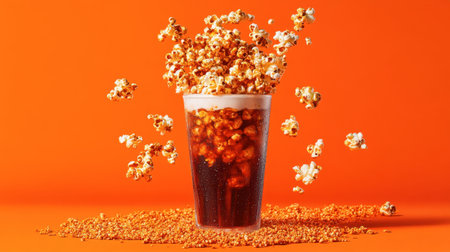 A vibrant arrangement of popcorn exploding from a cup of soda against a cheerful orange background. Perfect for summer parties and casual gatherings.の素材