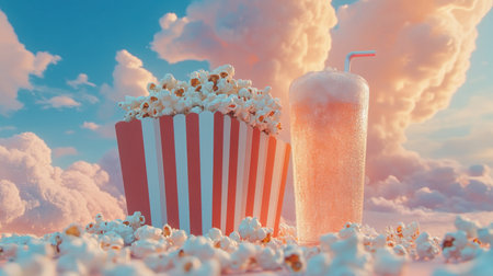 A vibrant scene featuring a box of popcorn and a soft drink against a dreamy sky, evoking feelings of joy and entertainment perfect for cinematic delights.の素材