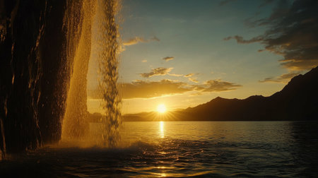 A breathtaking sunset illuminates the sky and reflects off tranquil waters near a majestic waterfall, with mountains silhouetted in the background.の素材