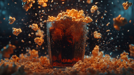 A captivating image of popcorn splashing into soda, creating a dynamic scene perfect for showcasing delicious snacks during movie nights or parties.の素材