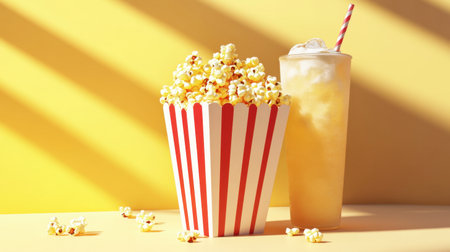 A vibrant image showcasing a striped popcorn bucket and a refreshing drink, perfect for movie nights or fun gatherings. Bright yellow background enhances the cheerful vibe.の素材