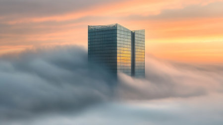 A stunning modern building rises through a thick fog at sunrise, creating a breathtaking urban landscape with ethereal light and serene atmosphere.の素材