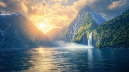 Experience the beauty of a majestic waterfall nestled in a breathtaking mountain landscape, reflecting sunlight over a serene lake. Ideal for nature lovers.の素材