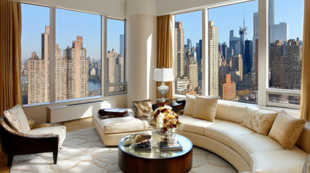 A bright and elegant living room featuring a stunning city skyline view through large windows. This modern space blends comfort with luxury, perfect for relaxation.の素材