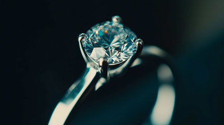 A stunning close-up of an elegant diamond ring set on a silver band, showcasing its brilliance and exquisite craftsmanship. Perfect for jewelry lovers.の素材
