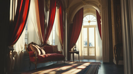 A beautifully designed room featuring rich red curtains, a vintage sofa, and warm sunlight streaming through large windows, creating a serene atmosphere.の素材