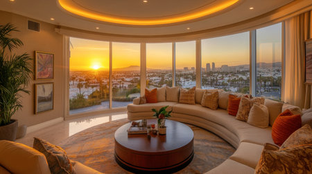 A stunning modern living room featuring a cozy seating area, overlooking a vibrant sunset and a beautiful cityscape. Perfect for relaxation and style.の素材