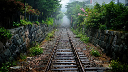 An atmospheric view of train tracks disappearing into fog, surrounded by lush greenery and stone walls, creating a serene and mysterious scene.の素材