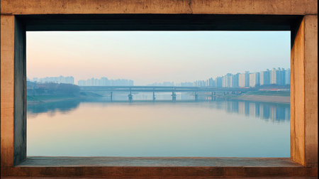 A stunning urban landscape captured through a concrete frame, showcasing serene waters and reflections of modern buildings at sunrise.の素材