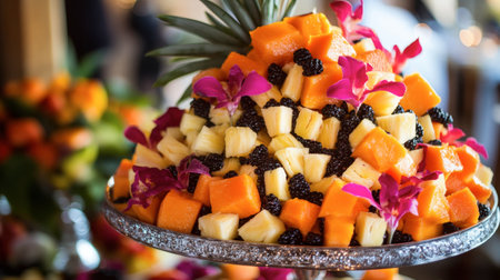 A vibrant fruit display featuring a variety of fresh fruits, elegantly arranged with flowers on a decorative stand, perfect for events or celebrations.の素材
