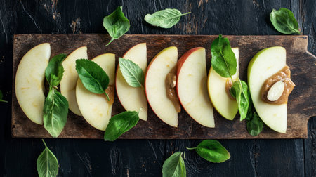 Deliciously arranged apple slices topped with nut butter and fresh leaves on a rustic wooden board, perfect for a healthy snack or dessert idea.の素材