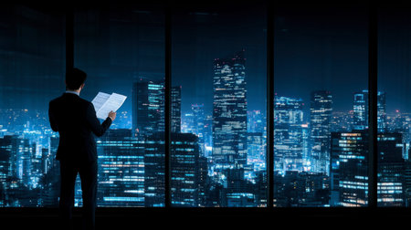 A silhouette of a businessman stands in an office, reviewing documents against a stunning night skyline. Bright city lights illuminate the urban landscape, symbolizing corporate success and ambition.の素材