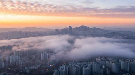 A stunning sunrise over a sprawling city, shrouded in fog and framed by distant mountains. This atmospheric view captures the tranquility of dawn in an urban landscape.の素材