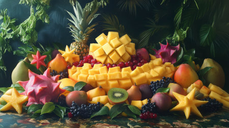 A vibrant display of assorted fruits including mango, kiwi, and pineapple, arranged artistically for a tropical feel, perfect for events or culinary inspiration.の素材