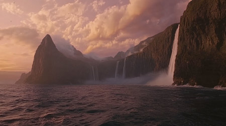 A stunning view of majestic waterfalls cascading down rocky mountains during sunset, enveloped in dramatic clouds, creating a serene and breathtaking landscape.の素材