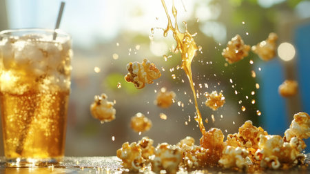 A refreshing beverage accompanied by popcorn in a playful splash, capturing a delightful moment of enjoyment in the summer sunshine, perfect for snack lovers.の素材