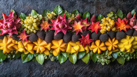 A stunning arrangement showcasing a variety of tropical fruits and vibrant leaves. Perfect for visual storytelling around health, nature, and culinary arts.の素材