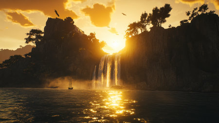 A breathtaking sunset illuminates a picturesque waterfall cascading down rocky cliffs, with serene waters reflecting golden hues and distant sailboats.の素材