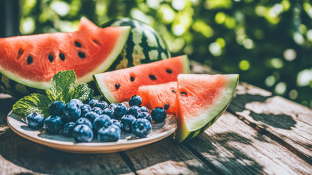 A vibrant display of fresh watermelon slices and blueberries on a wooden table, evoking a summery feel with their juicy textures and bright colors.の素材