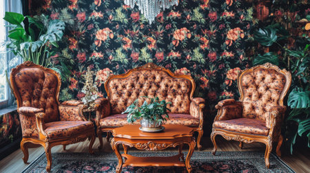 A beautifully arranged vintage living room featuring ornate furniture and floral wallpaper, creating a warm and inviting atmosphere perfect for relaxation.の素材