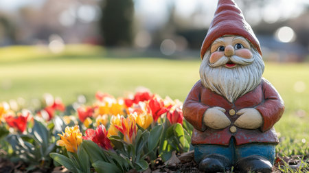 A cheerful garden gnome stands among vibrant flowers, adding charm to outdoor spaces. Perfect for seasonal decor and floral arrangements, this whimsical figure enhances any garden setting.の素材
