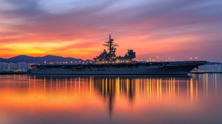 A stunning navy ship rests gracefully in the harbor at sunset, reflecting vibrant colors on the calm waters. This serene scene captures tranquility and beauty.の素材