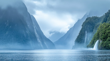 Experience the tranquility of misty mountains and a serene waterfall in this breathtaking landscape. Perfect for nature lovers and travel enthusiasts.の素材