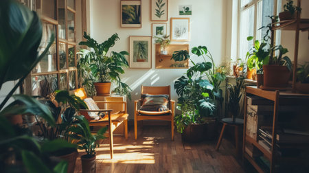 A cozy living room filled with lush indoor plants basking in natural sunlight. The inviting space features wooden furniture and bright decor, perfect for relaxation.の素材