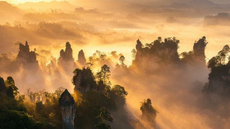 A tranquil morning scene showcasing misty mountains illuminated by soft sunlight. The serene atmosphere invites exploration and appreciation of nature's beauty.の素材