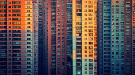 A vibrant display of urban apartment facades reflecting sunset light, showcasing a blend of colors and modern architectural design in a city atmosphere.の素材