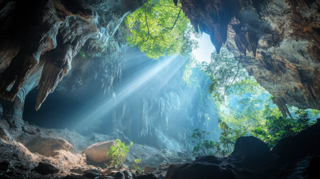 Beautiful cave entrance with sunlight illuminating the interior and green foliage overhead, creating a serene and tranquil atmosphere in the wilderness.の素材