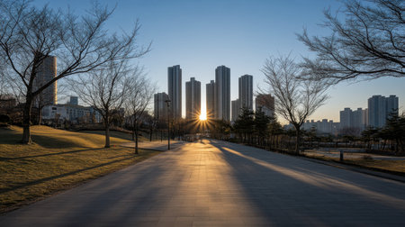 A stunning sunrise casts warm light over a modern urban landscape, highlighting tall buildings and serene pathways, creating a calm and inviting atmosphere.の素材
